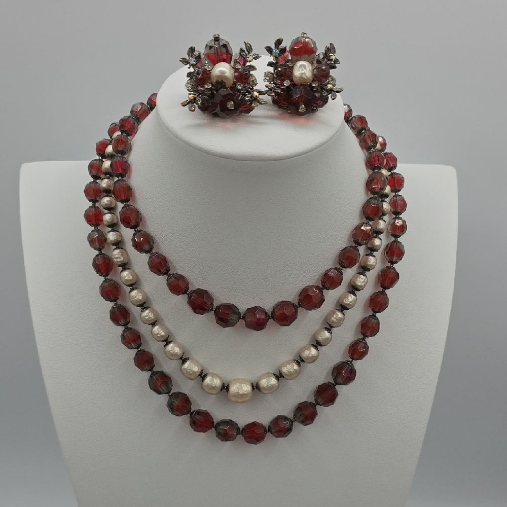 Demario Triple Strand Red Glass & Faux Pearl Necklace w/Floral Clip Earring Set